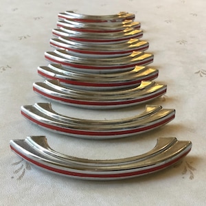 Art Deco Chrome with Red Stripe Drawer Handles set of 9 salvaged Chrome/Red Striped Lines 1950’s Art Deco Cupboard Handles 2 3/4” centre