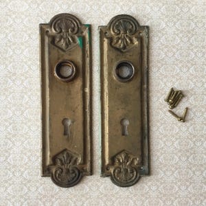 以下が含まれることがあります： 装飾的なフローラルデザイン、鍵穴、ネジ穴が付いた、2つのアンティーク真鍮製ドアプレート。プレートは長方形で、上部と下部が丸みを帯びています。真鍮製のネジがいくつか含まれています。