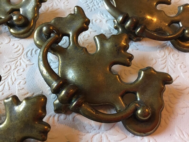 VINTAGE AMEROCK ANTIQUE BRASS DRAWER HANDLES Chippendale design 3/" CENTERS