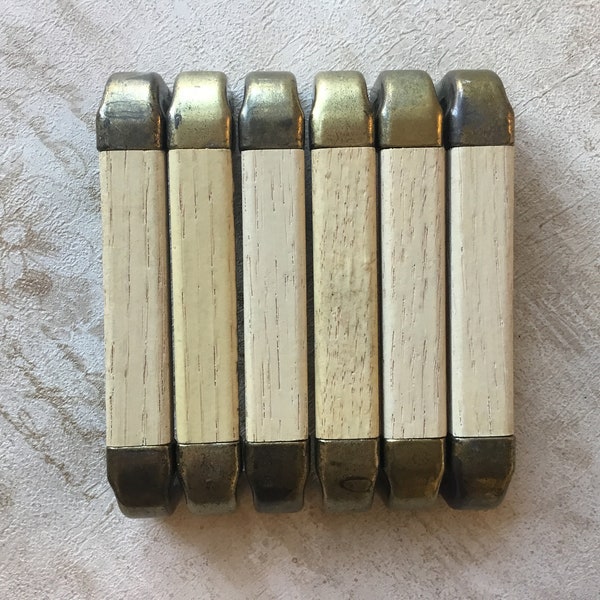 Vintage Wood Cabinet Handles set of 6 Salvaged White Washed Vintage 4 1/8” Wood & Brass Drawer Pulls 3 7/8” Centre Mounting Holes