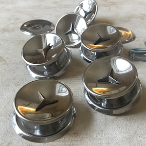 Retro Atomic Mercedes Star with matching backplates set of 6 Salvaged single mount MCM Starburst Pulls with matching chrome backplates