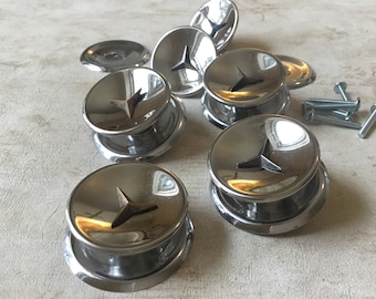 Retro Atomic Mercedes Star with matching backplates set of 6 Salvaged single mount MCM Starburst Pulls with matching chrome backplates