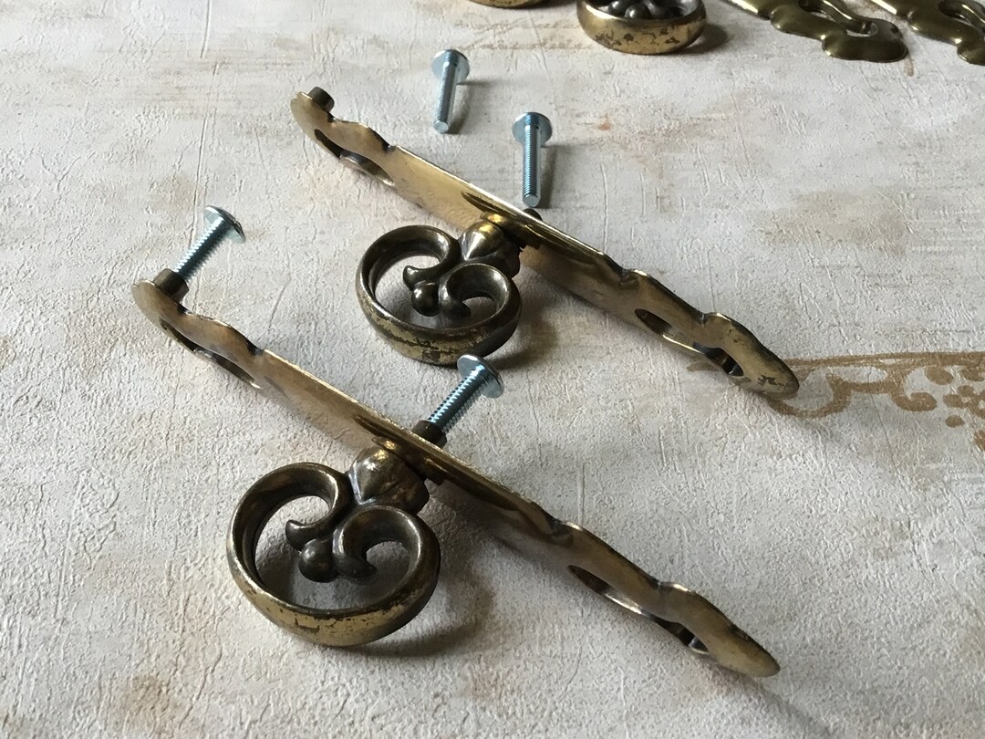 Brass Key Drawer Pulls With Matching Backplates PAIR of Vintage Brass