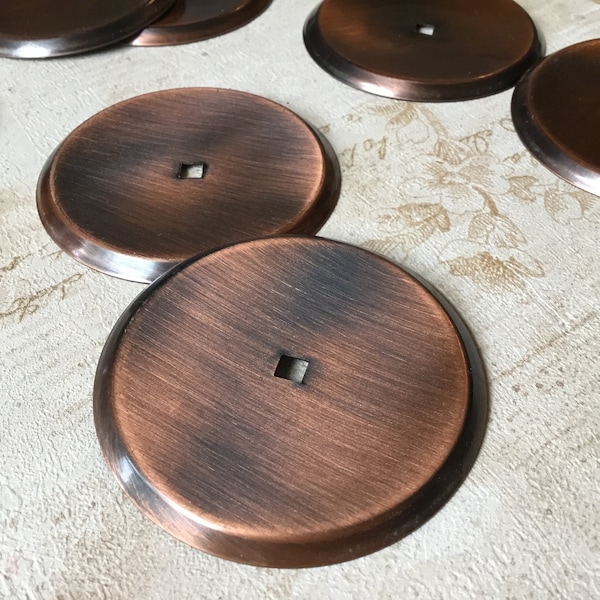 Vintage Cabinet Knob backplates, pair of Dark satin copper 2 1/2” 1950’s Cabinet Hardware Backplates (many pair available)