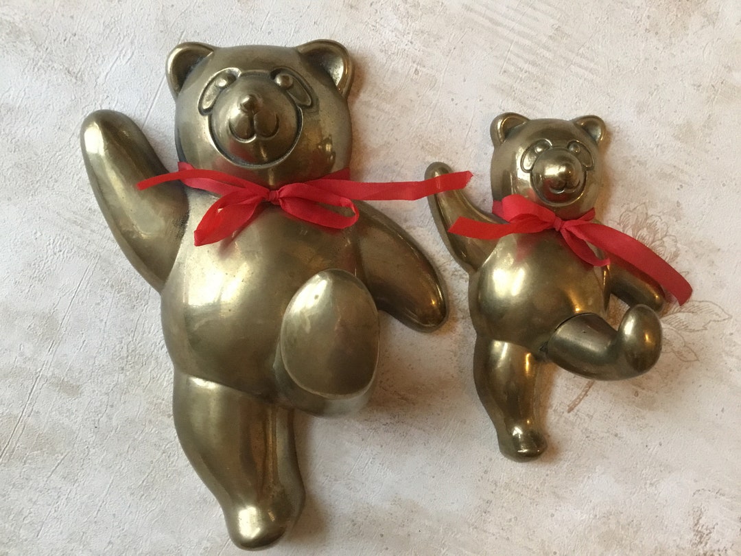 Vintage Brass Teddy Bear Wall Hooks, Brass Kicking Bears, Pair of Wall