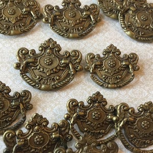 Art Deco Ring Pulls set of 12 Ornate Vintage SIngle Mount Pulls 6 larger with 6 matching smaller stamped brass drawer pulls