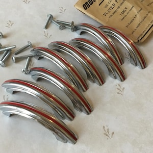 Art Deco Chrome with Red Stripe Drawer Handles set of 8 Chrome with Red Striped Lines 1950’s Art Deco Cupboard Handles 2 3/4” centre NOS