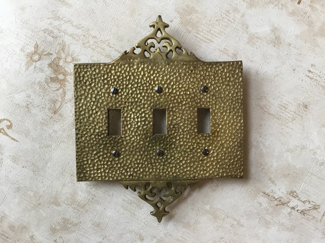 Triple Light Switch Cover Plate Vintage 1960s Hammered Brass Triple