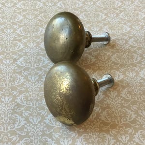 May include: Two antique brass-coloured cabinet knobs with silver screws. The knobs have an oval shape and a slightly textured surface. They are set against a cream-coloured background with a white floral pattern. Suitable for furniture restoration.