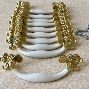 French Provincial Drawer Handles set of 10 Salvaged Shabby Chic White and Gold Floral Drawer Pulls CH-2590 4” Centre Mounting Holes