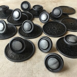 Vintage Bullseye Grey Metal Single Mount Dresser Drawer Knobs with backplates Vintage Brutalist Kitchen Cupboard Pulls MCM Cabinet Knobs