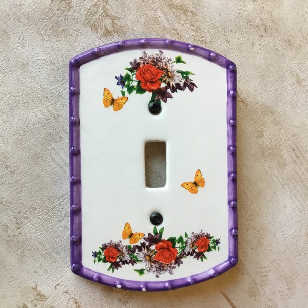 Vintage Butterfly Light Switch Plate, Vintage 1960’s Hand Painted Porcelain/Ceramic  Single Light Switch Plate Cover, floral Switch plate