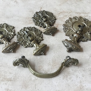 Könnte beinhalten: Fünf verzierte Messing-Schubladengriffe mit einem dekorativen floralen Design und ein einzelner Messinggriff mit einem gebogenen Griff.