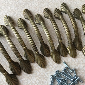 May include: Ten antique brass-effect cabinet handles with a shell design. Each handle has a curved, ridged grip and decorative ends. A small pile of silver screws is also included for installation.