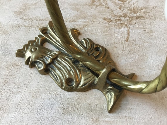 Vintage Rooster Hook Brass Double Hook With White Porcelain Floral