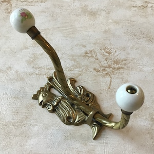 Vintage Rooster Hook Brass Double Hook With White Porcelain Floral Ends Brass Rooster double wall mounted Hook, Vintage Hat/Coat/Robe Hook