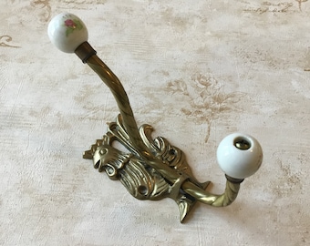 Vintage Rooster Hook Brass Double Hook With White Porcelain Floral Ends Brass Rooster double wall mounted Hook, Vintage Hat/Coat/Robe Hook