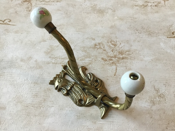 Vintage Rooster Hook Brass Double Hook With White Porcelain Floral