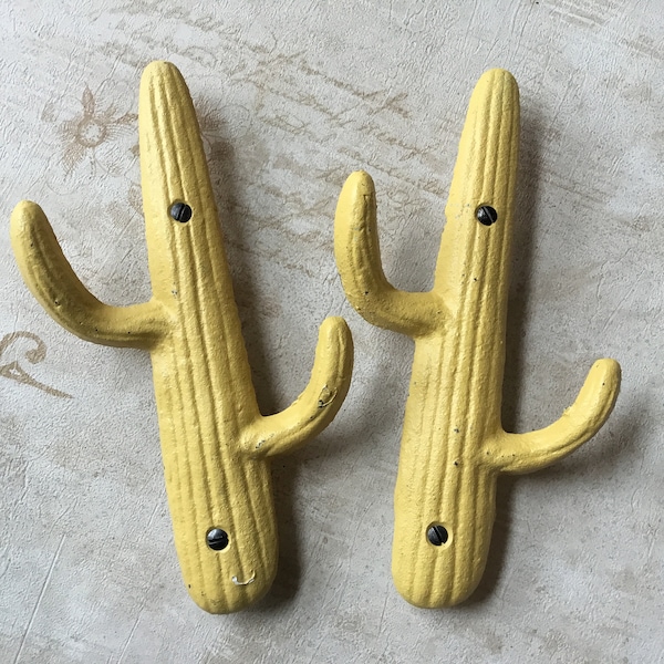 Cactus hooks pair of large Yellow Cacti Wall Hooks Salvaged Double Hooks Double Coat Hooks Rustic Farmhouse Hooks western Hat Hooks