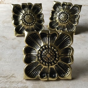 Floral Cabinet Handles set of 3 Vintage Closet Door Handles Mid Century Modern Armoire Handles 1 3/4” centres,  large 3” x 3” floral pulls