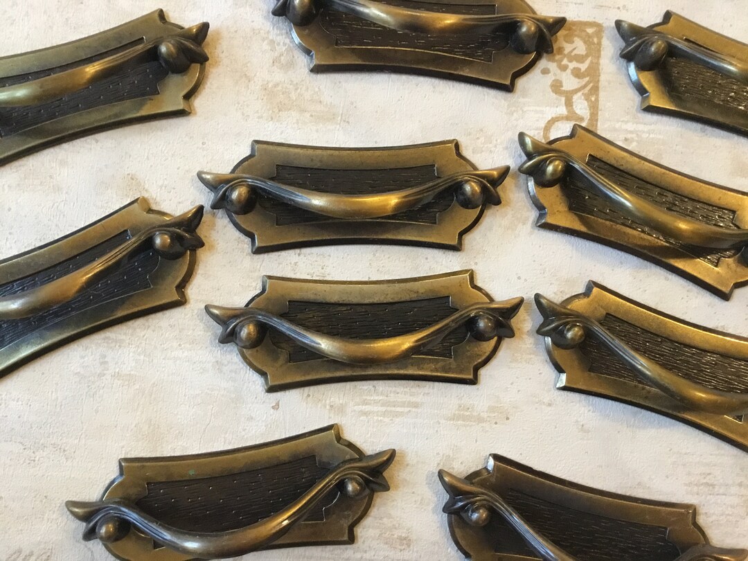 MCM Handles With Backplates, Set of 9 NOS National Lock Cupboard Handles, MCM Dresser