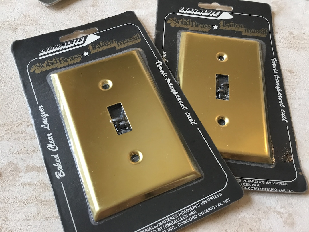 Vintage Brass Light Switch Plates, Pair NOS Baked Clear Lacquer Solid