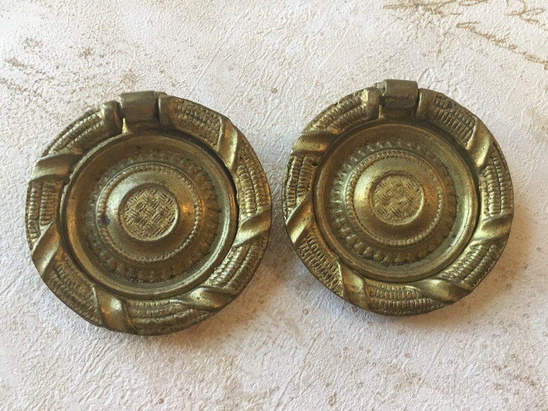 Vintage Ring Pulls, Pair of Single Mount Drop Brass Ring Pull