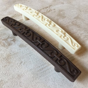 Retro Kitchen Cupboard Handles pair of Vintage Scrolled Brown and Beige MCM Plastic Cabinet pulls with 2 7/8” centres Vintage Cabi