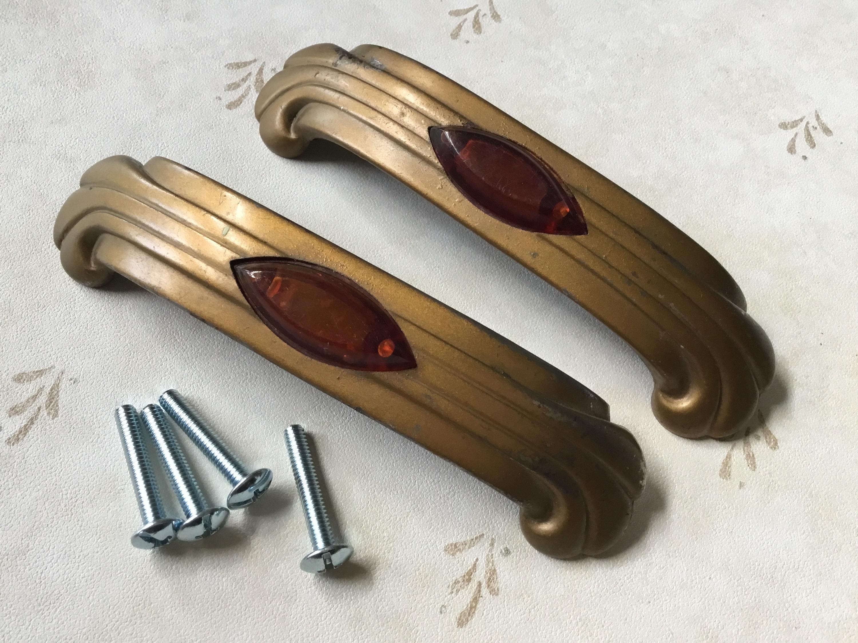 Art Deco Drawer Handles Pair of 1940's Art Deco Brass Plated