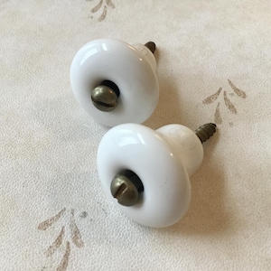 Vintage White Porcelain Knobs pair of Vintage Front Mount Cupboard Pulls Vintage 1” Apothecary Drawer Pulls White Cermaic Cabinet Pulls