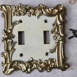Double Light Switch Cover Plate Vintage 1960’s Silver/Gold and White Distressed Floral Double Light Switch Plate Cover M.C.C.O. 60 T.T.