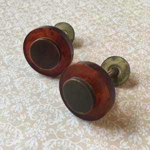 Reserved for F Bakelite Drawer Knobs pair of Art Deco Cabinet Pulls 1940’s Amber Bakelite single mount Drawer Pulls