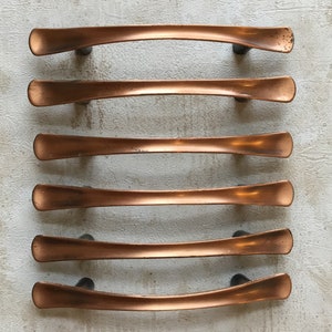 MCM Drawer Handles, 1962 Satin Copper Plated Cabinet Pulls, set of 6 Mid Century Modern Cupboard Handles with 2 7/8” Centres