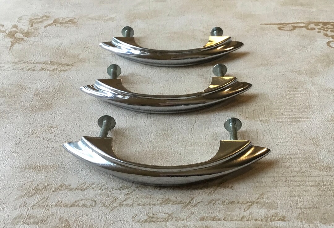 Art Deco Drawer Pulls Set of 3 Vintage Chrome Side Stepped Polished