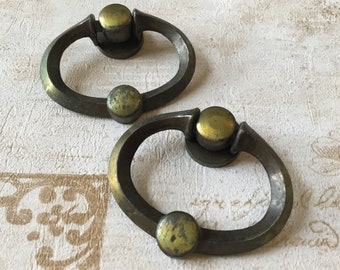 Vintage Brass Round Ring Single Mount Drawer Pulls, pair of vintage drop handle cabinet pulls
