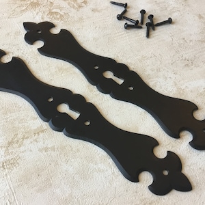 Vintage Colonial Key Hold Backplates, pair of 8” New Old Stock Black Keyhole Backplates, Key Hole Escutcheons