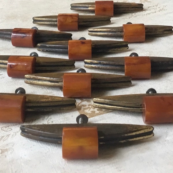 Retro Atomic Butterscotch Bakelite Cabinet Handles set of 11 Art Deco Bakelite Single Mount Drawer Handles Vintage 1940’s Credenza Pulls