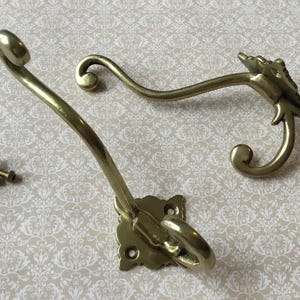 Może przedstawiać: Dwa mosiężne haczyki ścienne z dekoracyjnymi kwiatowymi akcentami. Haczyki mają zakrzywioną konstrukcję i są dostarczane ze śrubami do montażu. Haczyki są wykonane z metalu i nadają się do wieszania przedmiotów.