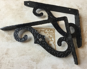 MCM Shelf Brackets, Vintage Colonial Black Hammered Brackets larger pair of NOS Brackets, for signs, cages, lanterns MCM Spanish Colonial