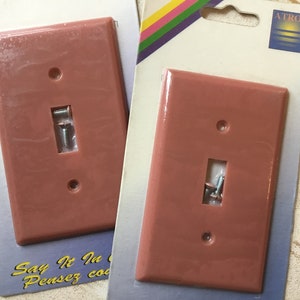 Könnte beinhalten: Zwei hellbraune Kunststoff-Lichtschalterplatten mit silbernen Schrauben. Die Platten sind auf einer weißen Karte verpackt, auf der unten links der Text "Say It In  Pensez co" gedruckt ist. Die Karte hat auch ein Regenbogenstreifen-Design oben rechts.