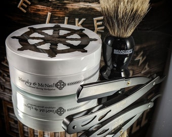 Mens Bathroom Starter Pack. Razor,  Shave Soap,  badger Brush, Murphy & McNeil Barbershop Bad Mor Gift set