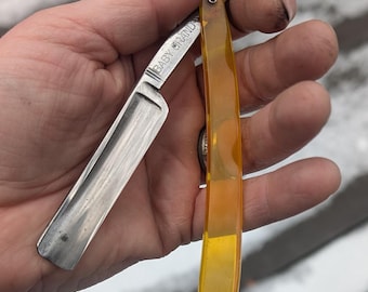 antique 9/16  Henry Althoff CO. Geneva NY USA  Straight Razor Shave Ready German Orange Scales