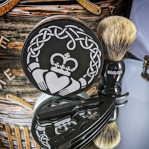 Mens Bathroom Starter Pack. Razor,  Shave Soap,  badger Brush, Murphy & McNeil Barbershop Claddagh Shaving Soap set