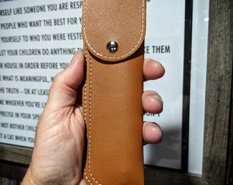 brown Leather LoOk Double Stitch Straight Razor Case Travel storage protective