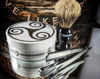 Mens Bathroom Starter Pack. Razor,  Shave Soap,  badger Brush, Murphy & McNeil Barbershop Triskele Gift set