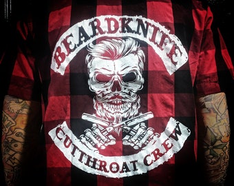 BeardKnife Straight Razor Cutthroat Crew Buffalo Plaid Collar shirt Red black modern barber Gang