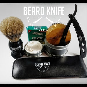 Beard Knife Shaving Set: Badger Brush, Bayrum Lotion & Black Shavette