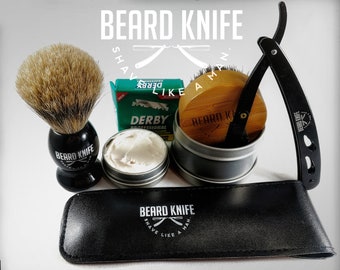 Beard Knife Starter Shaving set  badger Brush, blades, boar comb,  Bayrum Lotion Black  straight razor disposable bladesMen's Self Care