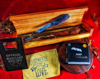 Rosewood shavette carved wood case 100 blades set Valentine's day gift for him