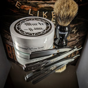 Mens Bathroom Starter Pack. Razor,  Shave Soap,  badger Brush, Murphy & McNeil Barbershop Ogham Stone Gift set